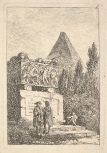 Plate 6: Sarkofagen: to menn som snakker til venstre, en annen mann sitter og sover..., ca. 1763-64. av Hubert Robert