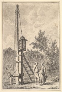 Plate 9: Remskiven: en mann og en kvinne snakker til høyre, en lanterne hang på en pos..., ca. 1763-64. av Hubert Robert