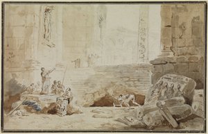 Romersk capriccio med en gatesangerinne av Hubert Robert