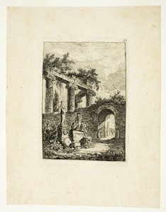 Statuen foran ruinene, plate tre fra Les Soirées de Rome av Hubert Robert