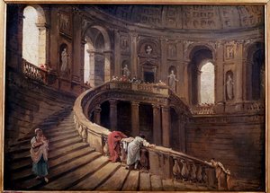 Den roterende trappen til Palazzo Farnese a Caprarola-maleri av Hubert Robert (1733-1808) 1700-talls søn. 0,24x0,33 m av Hubert Robert