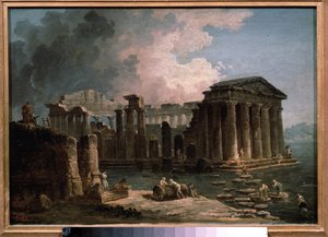 Et tempel omgir av vann. Maleri av Hubert Robert (1733-1808), olje på lerret, ca 1780, fransk kunst. State A. Pushkin Museum of Fine Arts, Moskva. av Hubert Robert