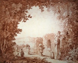 Utsikt over en hage med statuer (rødt kritt på papir) av Hubert Robert