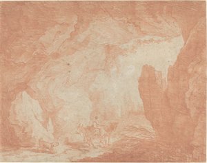Ung kvinne med esler som rir under en naturlig bro av Hubert Robert