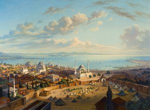 ""Utsikt over Konstantinopel fra tårnet i Serasker (Bayezid eller Seraskier)"" (Konstantinopel fra branntårnet i Beyazit) Maleri av Hubert Sattler (1817-1904) Olje på lerret, 74x101,5 - Privat samling