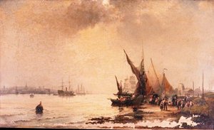 Fiskere ved bredden i en rolig elvemunningsscene ved daggry av Hubert Thornley
