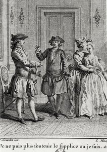 Jeg orker ikke plagene her lenger der jeg er, illustrasjon for Eugenie av Beaumarchais, gravert av Louis Joseph Masquelier (1741-1811) av Hubert after Gravelot
