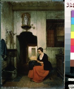 ""La brodeuse"" (broderinnen) Ung kvinne syr i et belgisk interiør. Maleri av Hubertus van Hove (1814-1865) 1860 Mikhail Kroshitsky kunstmuseum, Sevastopol (Sevastopol) Ukraina