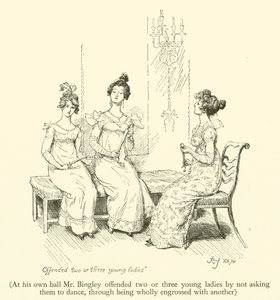 På sitt eget ball fornærmet Mr Bingley to eller tre unge damer ved ikke å be dem danse, gjennom å være helt oppslukt av en annen (gravering) av Hugh Thomson