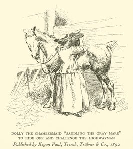 Dolly the Chambermaid "Saddling the Grey Mare", for å ri av og utfordre Highwayman (gravering) av Hugh Thomson