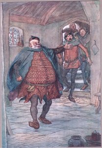Enter Falstaff, pistol, Nym og Bardolph, illustrasjon fra The Merry Wives of Windsor, 1910 av Hugh Thomson