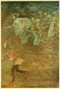Gå inn på Sir Hugh Evans, Anne Page og andre, fra The Merry Wives of Windsor, pub. 1910 av Hugh Thomson