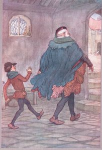 Exeunt Falstaff and Robin, illustrasjon fra The Merry Wives of Windsor, 1910 av Hugh Thomson