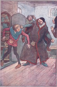 Kriminell, kjeltring! Larron! (Pulling Simple out), illustrasjon fra The Merry Wives of Windsor, 1910 av Hugh Thomson