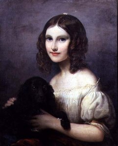 Portrett av en ung jente med hunden sin av Hugues Merle