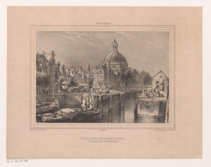 Se på Stromarkt, Singel og Lutherse kirke Den lutherske kirke. Utsikt tatt på kanalen (kjent som Singel) (tittel på objekt) Souvenir of Amsterdam Eight Views tegnet og litografiert fra naturen av H. van Hove Bz. (serietittel)