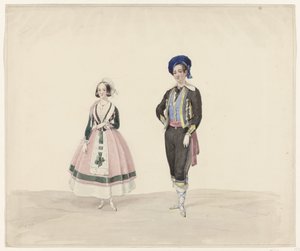 Mann og kvinne i historisk drakt, 1841 Seks akvareller av tidstypiske kostymer til kostymeballet i 1841 (serietittel)
