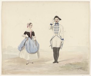 Mann og kvinne i historisk drakt, 1841 Seks akvareller av tidstypiske kostymer til kostymeballet i 1841 (serietittel)