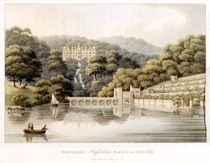 Beaudesert, Staffordshire, fra "Fragments on the Theory and Practice of Landscape Gardening", pub. 1816 (farge litho) av Humphry Repton