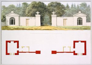 Høyde- og grunnplaner for foreslått ny inngangsport og hytter, fra den røde boken for Antony House, ca. 1812 (wc på papir) av Humphry Repton
