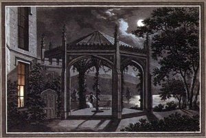 Paviljong og drivhus for et gotisk herskapshus, fra "Observations on the Theory and Practice of Landscape Gardening", pub. 1802 (farge litho) av Humphry Repton