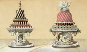 Design for presentasjonen av Charlottes a la Reine & Pain de Framboises a la Leda, illustrasjon fra en ungarsk kokebok om fransk matlaging, ca. 1880 av Hungarian School