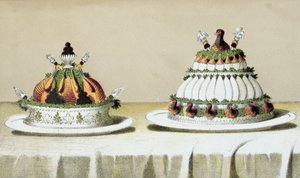 Design for presentasjon av kylling fylt med foie gras og fasanbryst tilberedt på Berthold-måten, illustrasjon fra en ungarsk kokebok om fransk matlaging, ca. 1880 av Hungarian School
