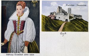 Postkort som viser grevinne Elisabeth Bathory (1560-1614) og Castle Cachtice
