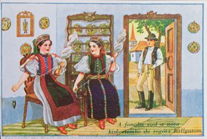 Postkort som viser kvinner i tradisjonell ungarsk kjole som spinner og synger den populære sangen Sing a Song to the Frog, ca. 1940 av Hungarian School