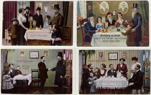 Postkort som viser den jødiske familien på Rosh Hashanah av Hungarian School