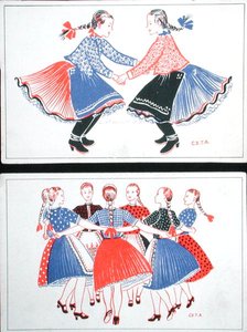 Postkort som viser tradisjonelle ungarske danser, ca. 1947-8 (litho i farge) av Hungarian School