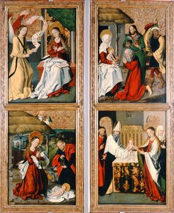 Bebudelsen, Kristi fødsel, tilbedelsen av magiene og presentasjonen i tempelet fra Szepeshely-altertavlen, 1480-90 av Hungarian School