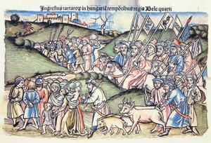 Den mongolske invasjonen av Ungarn i 1241 under Bela IVs regjeringstid av en original farget tregravering)