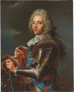 Portrett av Duc de Broglie, i ramme av Sainte Esprit-ordenen, med stafettpinnen av en marskalk av Frankrike av Hyacinthe Francois Rigaud