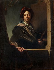 Portrett av kunstneren, halv lengde, ved en karm, 1712 av Hyacinthe Francois Rigaud