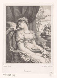 Sittende kvinne med bok og hvit fugl Une pensée (tittel på objekt) av Hyacinthe Louis Victor Jean Baptiste Aubry Lecomte