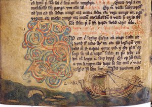 Historikert initial S, fra en kopi av den originale Jonsbok-lovsamlingen fra 1200-tallet