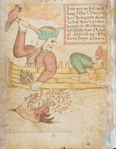 Thor fanger Midgardsormen, fra Melsteds Edda (penn og blekk og akvarell på papir) av Icelandic School