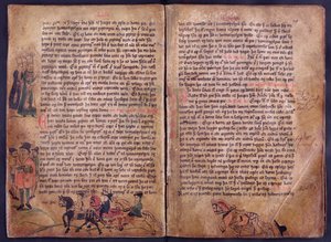 To illustrerte sider fra en kopi av den originale Jonsbok-lovsamlingen fra 1200-tallet av Icelandic School