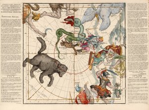 Nordpolen, Plate 1 fra beskrivelsen av den himmelske kloden i flate rammer, pub. 1674 (håndfarget gravering) av Ignace Gaston Pardies