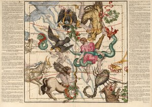 Winter Solstice , Plate 5 fra beskrivelsen av den himmelske kloden i flate bord, pub. 1674 (håndfarget gravering) av Ignace Gaston Pardies