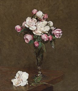 Rosa og hvite roser i en champagnefløyte, 1874 av Ignace Henri Jean Fantin Latour