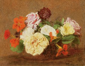 Roser og nasturtiums i en vase, 1883