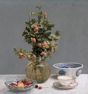Stilleben med vase av hagtorn, skål med kirsebær, japansk bolle og kopp og tallerken av Ignace Henri Jean Fantin Latour