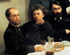 Bordhjørne: fra venstre til høyre: Paul Verlaine, Arthur Rimbaud, Elzear Bonnier. (Maleri, 1800-tallet) av Ignace Henri Jean Fantin Latour