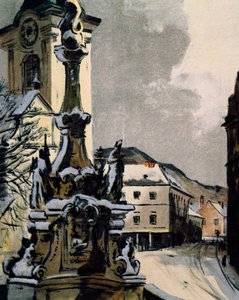 Utsikt over Hainburg an der Donau, Østerrike, byen der Franz Joseph Haydn (1732-1809) studerte musikk mellom 1738 og 1740, trykk av Igo Potsch (1884-1943) for å feire hundreårsdagen for musikerens død av Igo Potsch