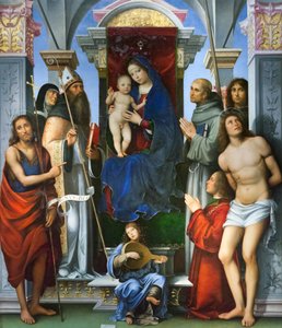 Madonna og barn på en trone, med helgener av Il (1450-1517) Francia