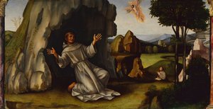 Saint Francis mottar Stigmata, ca. 1450-1517 (olje på tre)