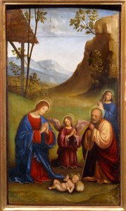 Tilbedelse av barnet. Saint Joseph, Jomfru Maria og en engel ber rundt den nyfødte Kristus. Maleri av Francesco Francia (1450-1517)
