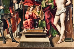 Musicians Angels, detalj av Jomfru med barn og St Proculus, St John evangelist, St Augustine, St Sebastian (maleri